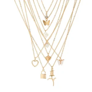 Layered Gold Charm Necklace Set of 9-Piece Pendant Chains