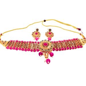 Royal Pink Beaded Choker Necklace Set with Earrings