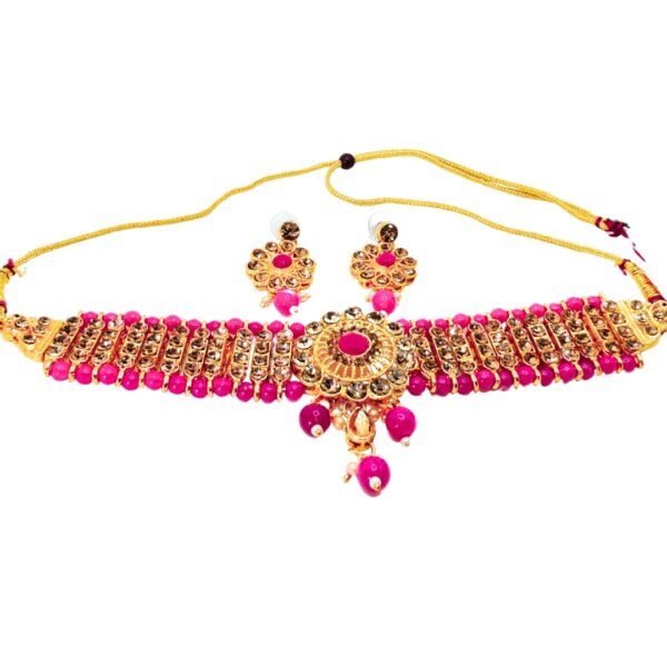 Royal Pink Beaded Choker Necklace Set with Earrings