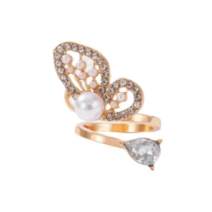 Elegant Butterfly Pearl & AD Gold-Plated Adjustable Ring