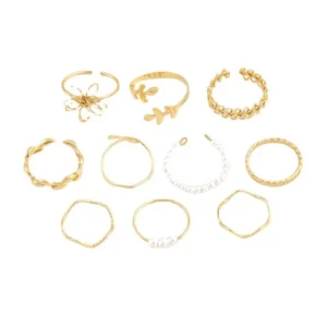 Chic 10-Piece Gold-Plated Ring Combo with Pearl Accents
