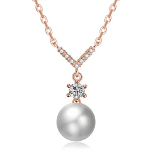 Rose Gold Pearl Pendant Necklace with Simulated Pearl & CZ