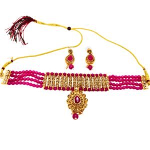 Choker Necklace Earrings Set with Gold Tone & Magenta Beads