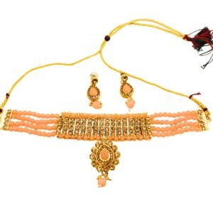 Peach Glow Gold Finish Choker Necklace Set with Earrings