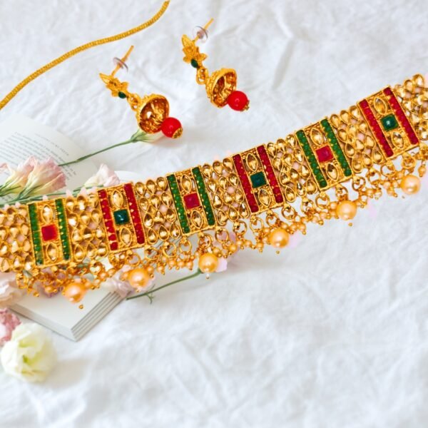 Choker Necklace Earrings Set – Gold, Green & Ruby Accents - Image 3