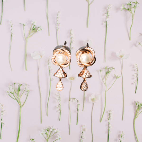 Rose Gold Toned Pearl Blossom AD Drop Earrings - Image 2