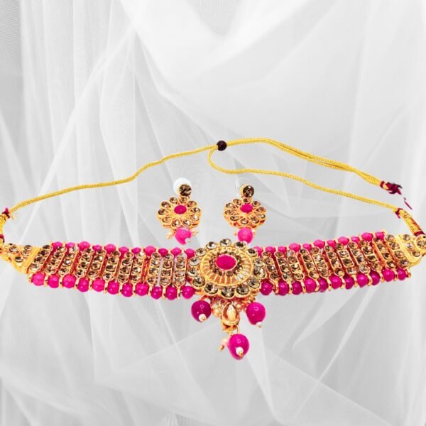 Royal Pink Beaded Choker Necklace Set with Earrings - Image 2