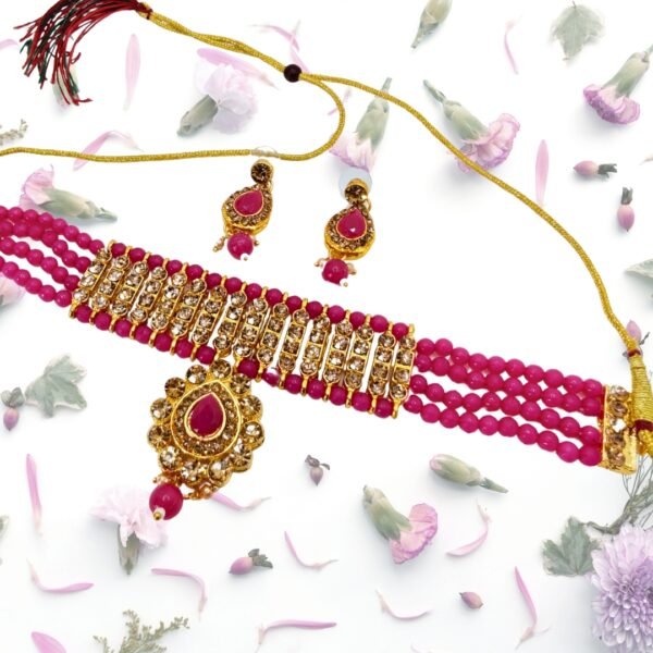Choker Necklace Earrings Set with Gold Tone & Magenta Beads - Image 2