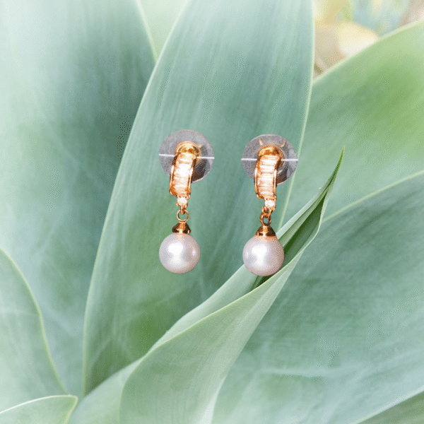 Rose Gold Toned Graceful AD Pearl Drop Earrings - Image 2