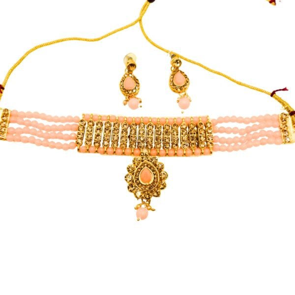 Peach Glow Gold Finish Choker Necklace Set with Earrings - Image 2
