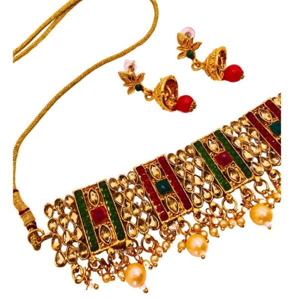 Choker Necklace Earrings Set – Gold, Green & Ruby Accents - Image 4