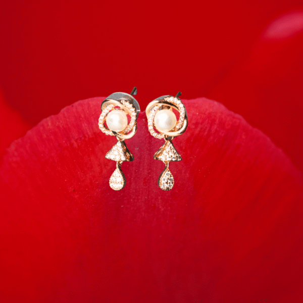 Rose Gold Toned Pearl Blossom AD Drop Earrings - Image 4