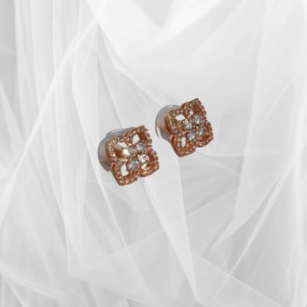 Rose Gold Toned American Diamond Floral Stud Earrings - Image 3