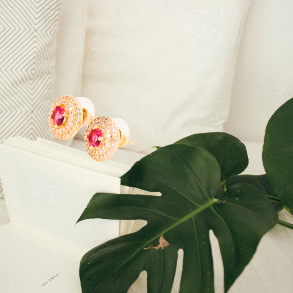 Gold Toned Royal Red Stone AD Stud Earrings - Image 3