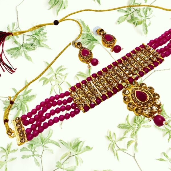 Choker Necklace Earrings Set with Gold Tone & Magenta Beads - Image 3