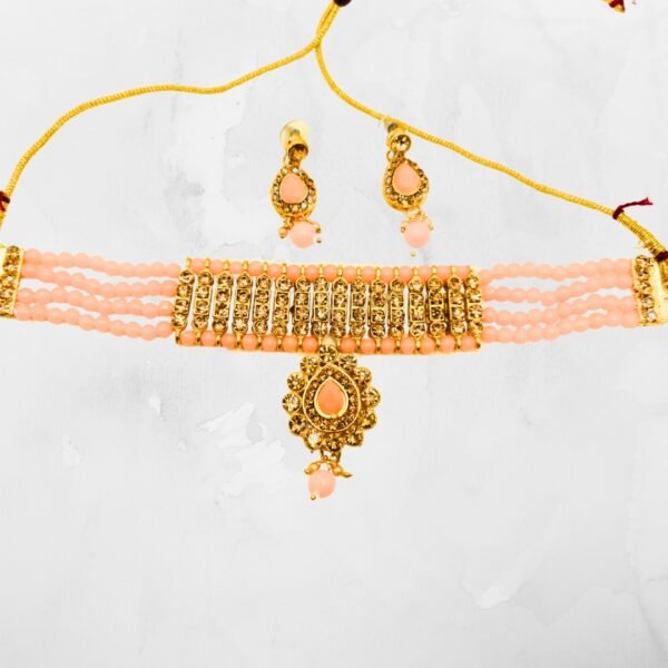 Peach Glow Gold Finish Choker Necklace Set with Earrings - Image 3