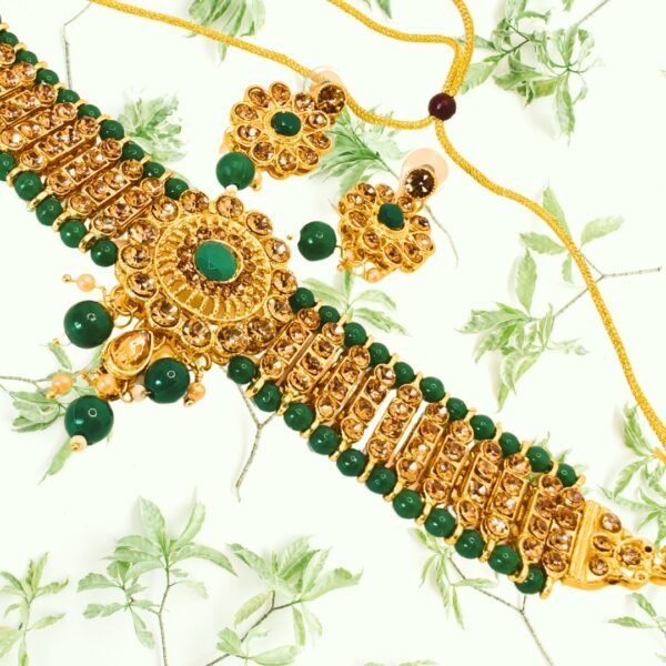 Emerald Green Bead & Gold Finish Choker Necklace Set - Image 3