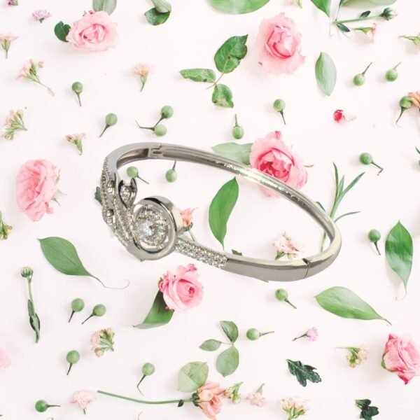 Silver Floral Style American Diamond Anti Tarnish Bangle - Image 3