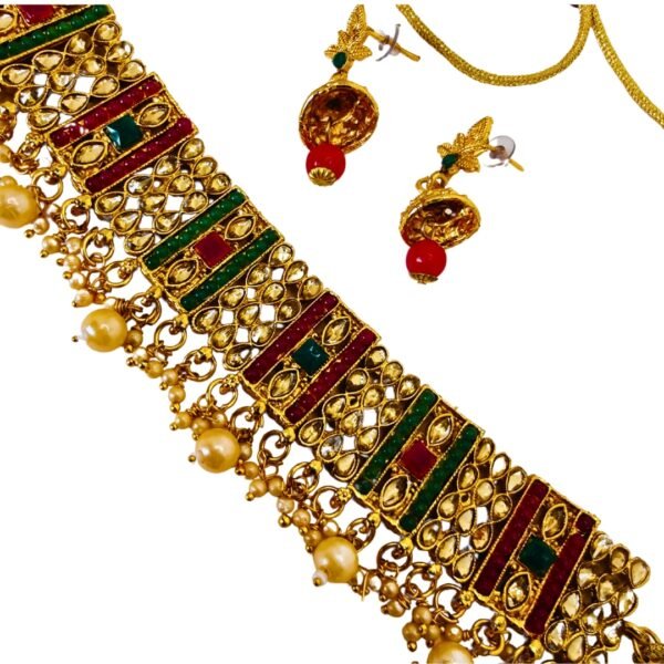 Choker Necklace Earrings Set – Gold, Green & Ruby Accents - Image 5