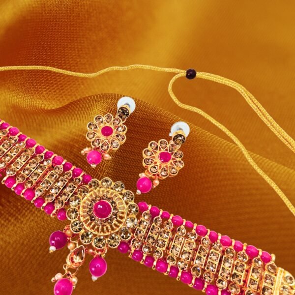 Royal Pink Beaded Choker Necklace Set with Earrings - Image 4