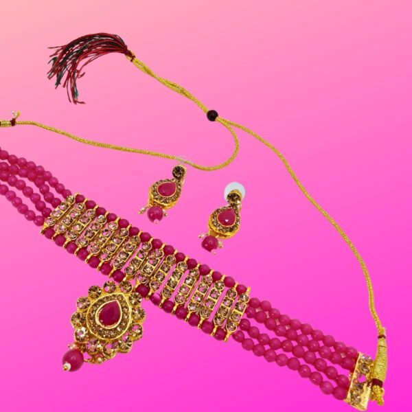Choker Necklace Earrings Set with Gold Tone & Magenta Beads - Image 4
