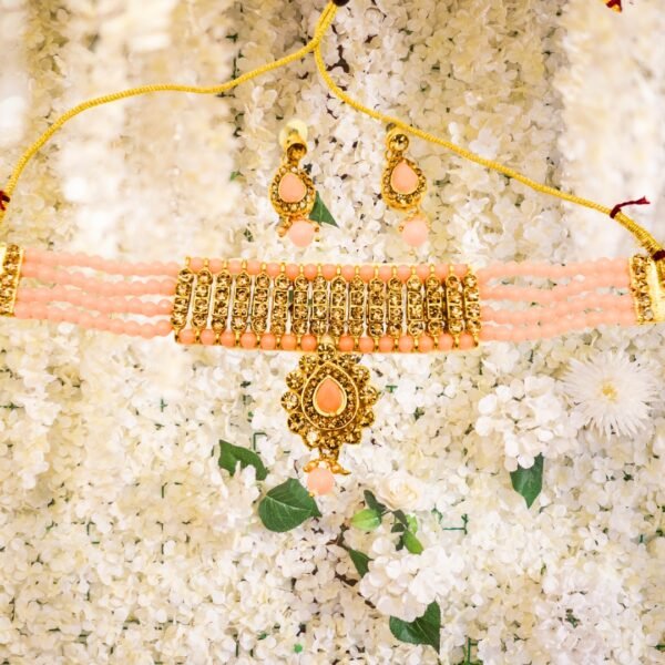 Peach Glow Gold Finish Choker Necklace Set with Earrings - Image 4
