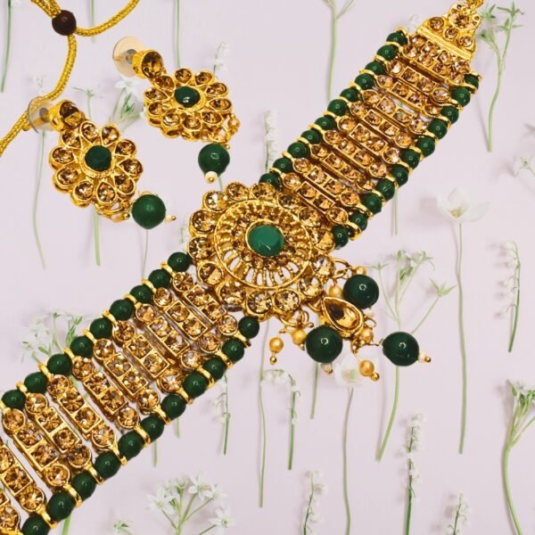 Emerald Green Bead & Gold Finish Choker Necklace Set - Image 4
