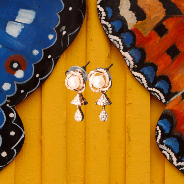 Rose Gold Toned Pearl Blossom AD Drop Earrings - Image 5