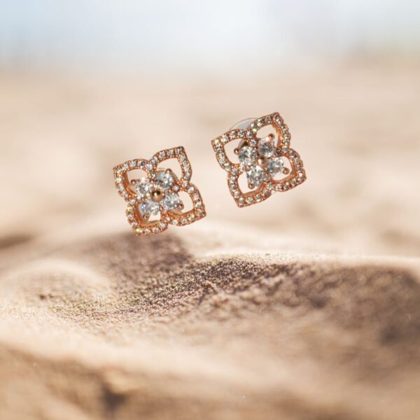Rose Gold Toned American Diamond Floral Stud Earrings - Image 5