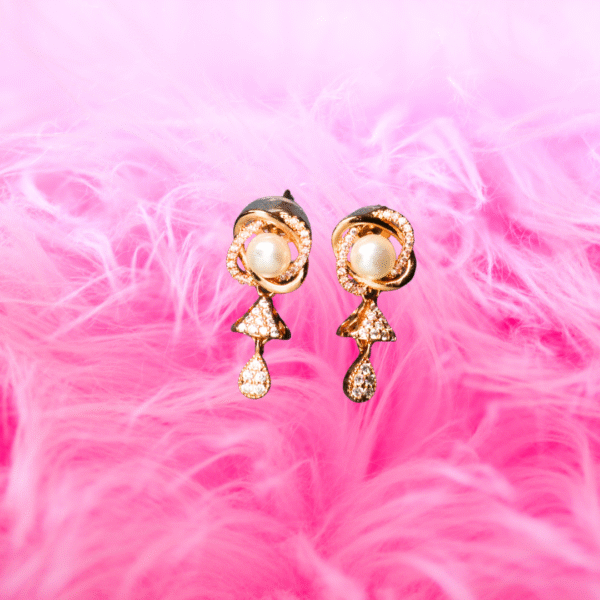 Rose Gold Toned Pearl Blossom AD Drop Earrings - Image 6
