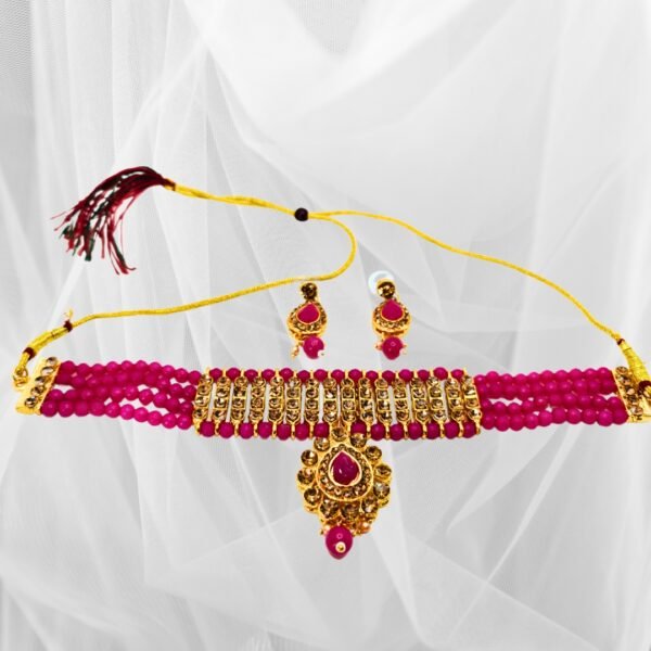 Choker Necklace Earrings Set with Gold Tone & Magenta Beads - Image 5
