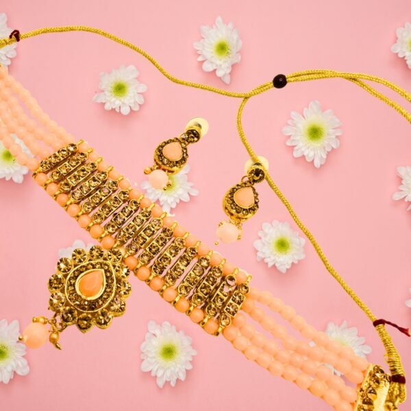 Peach Glow Gold Finish Choker Necklace Set with Earrings - Image 5