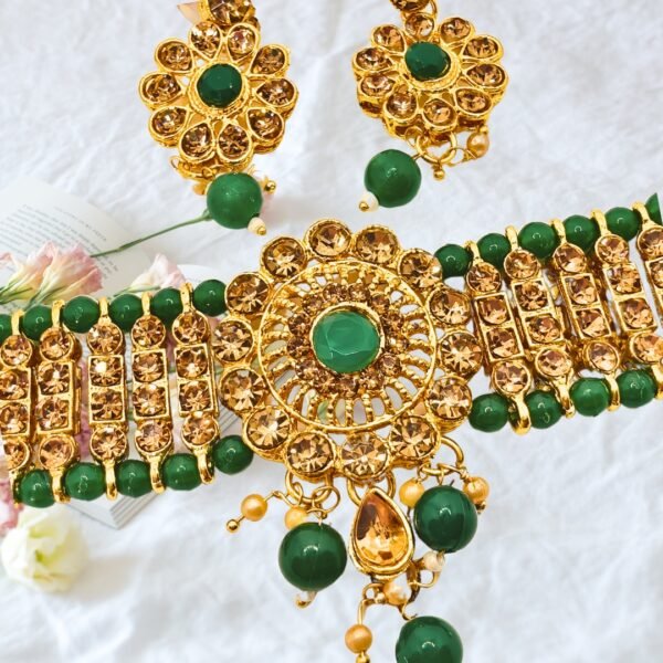 Emerald Green Bead & Gold Finish Choker Necklace Set - Image 5