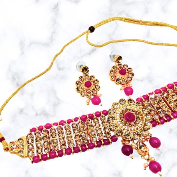 Royal Pink Beaded Choker Necklace Set with Earrings - Image 5