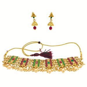 Choker Necklace Earrings Set – Gold, Green & Ruby Accents