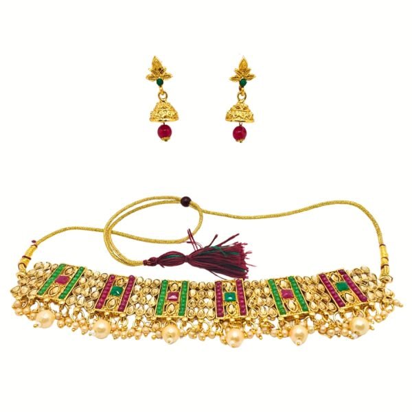 Choker Necklace Earrings Set – Gold, Green & Ruby Accents