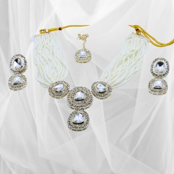 Kundan Choker Set with White Pearl Bead Mala - Image 6