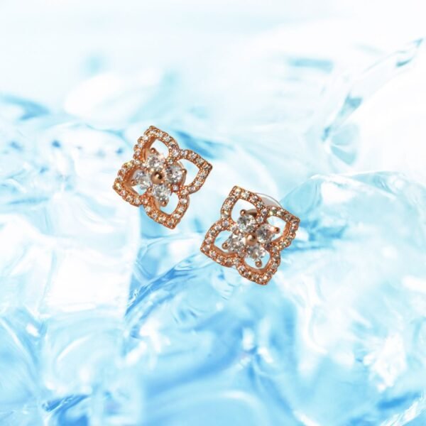 Rose Gold Toned American Diamond Floral Stud Earrings - Image 6