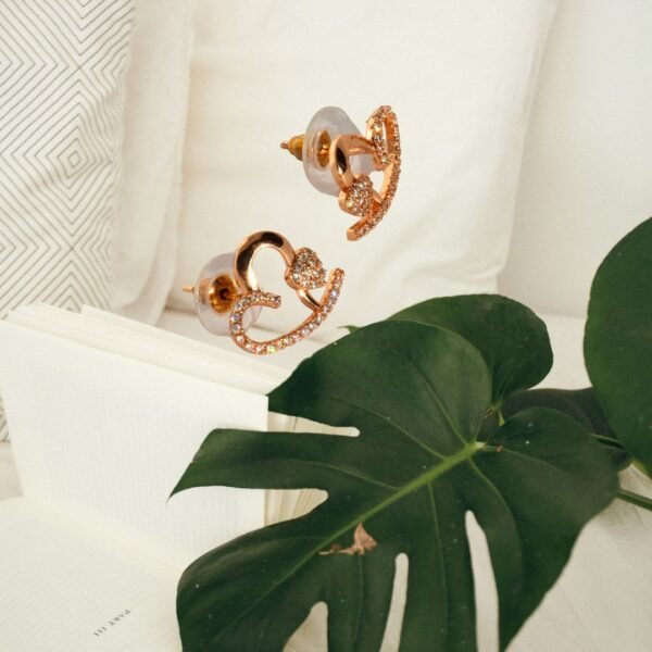 Rose Gold Toned Sparkling AD Heart Stud Earrings - Image 6