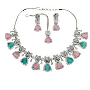 American Diamond Necklace Set with Pink & Aqua Green Stones