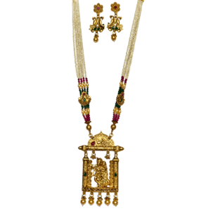 Radha Krishna Temple Long Necklace Set with Multilayer Beads