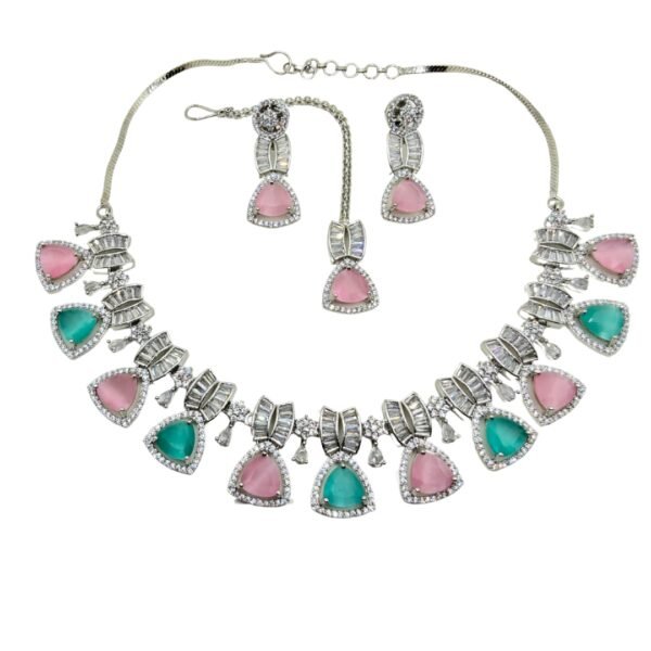 American Diamond Necklace Set with Pink & Aqua Green Stones