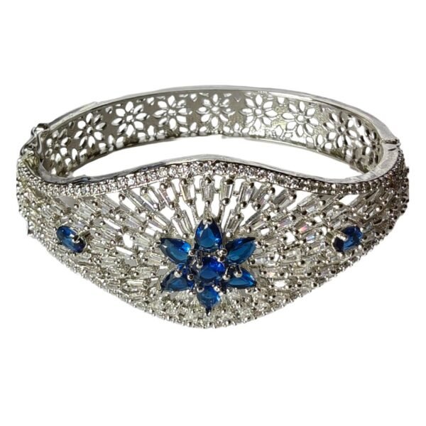 American Diamond Studded Floral Bangle with Blue Stones - Image 2