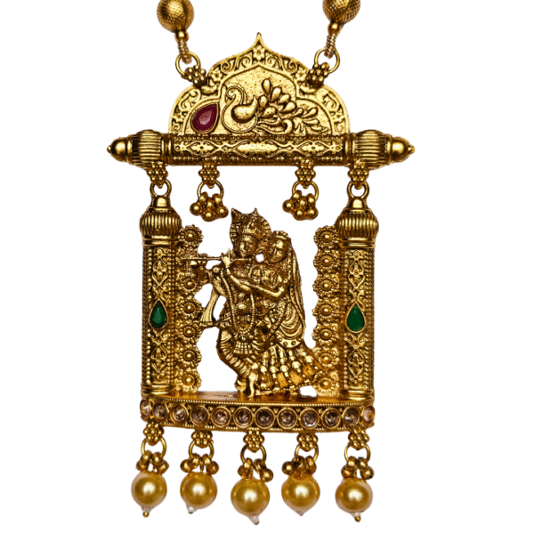 Radha Krishna Temple Long Necklace Set with Multilayer Beads - Image 2