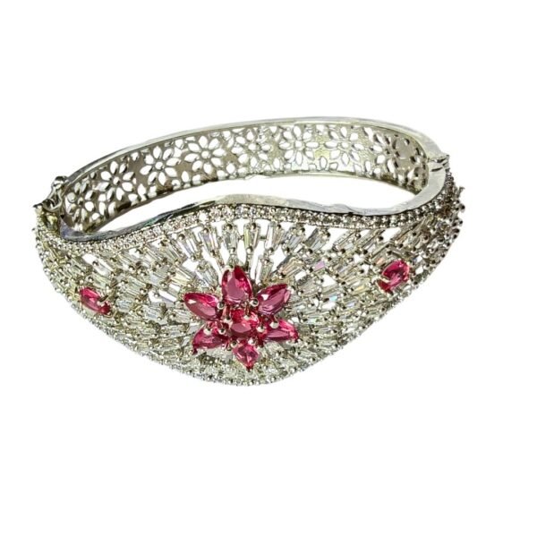 American Diamond Studded Floral Bangle with Pink Stones - Image 2