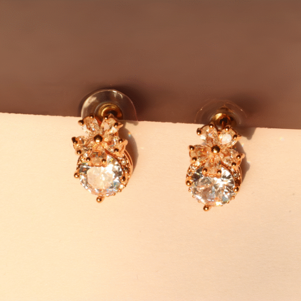 Floral American Diamond Stud Earrings with Gold Finish - Image 2