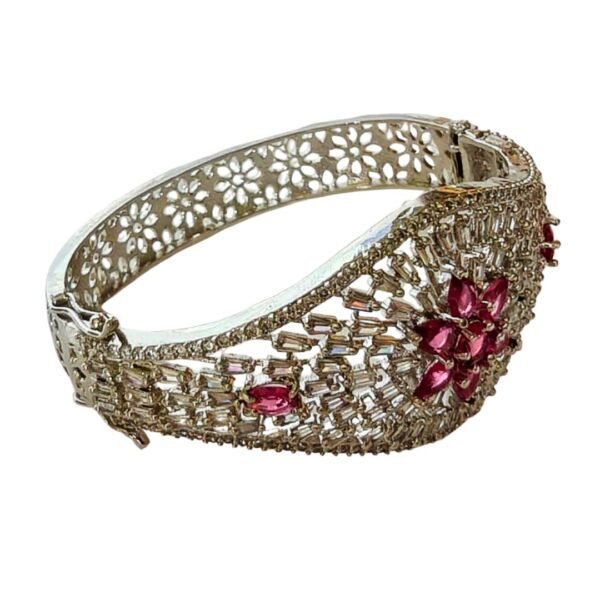 American Diamond Studded Floral Bangle with Pink Stones - Image 3