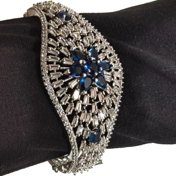 American Diamond Studded Floral Bangle with Blue Stones - Image 3
