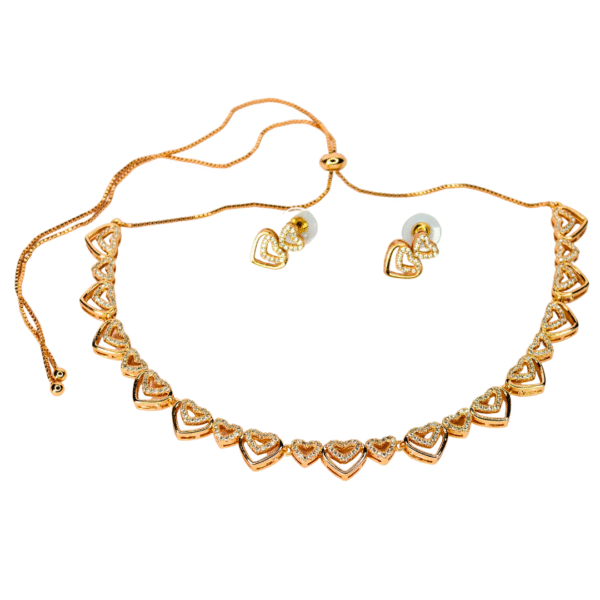 Rose Gold Toned Heart Design American Diamond Necklace Set - Image 3