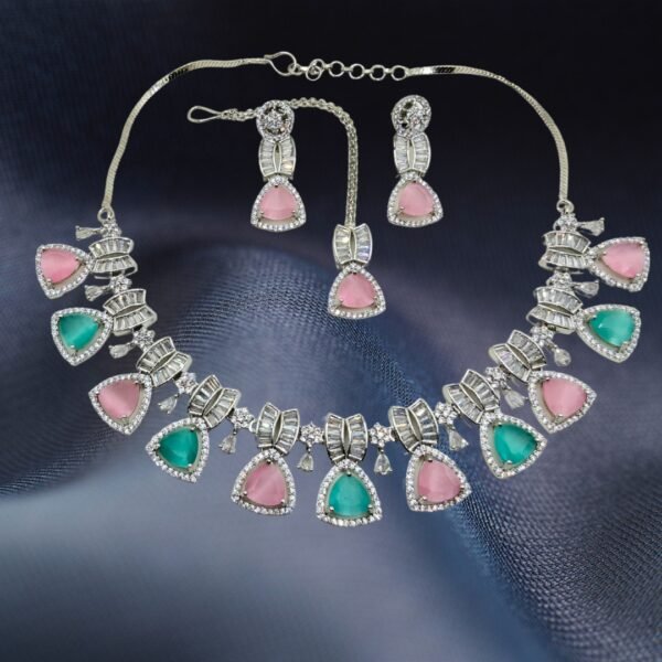 American Diamond Necklace Set with Pink & Aqua Green Stones - Image 2